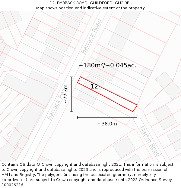 12, BARRACK ROAD, GUILDFORD, GU2 9RU: Plot and title map
