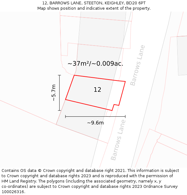 12, BARROWS LANE, STEETON, KEIGHLEY, BD20 6PT: Plot and title map