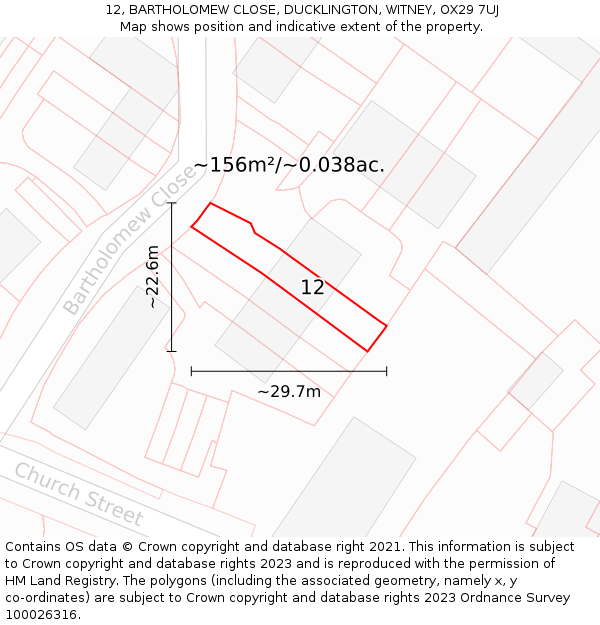 12, BARTHOLOMEW CLOSE, DUCKLINGTON, WITNEY, OX29 7UJ: Plot and title map