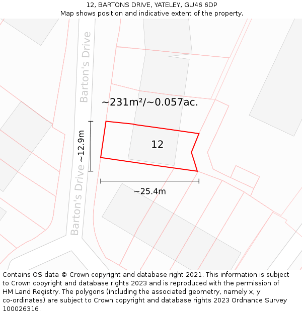 12, BARTONS DRIVE, YATELEY, GU46 6DP: Plot and title map