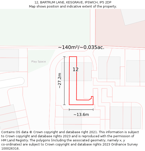 12, BARTRUM LANE, KESGRAVE, IPSWICH, IP5 2DP: Plot and title map