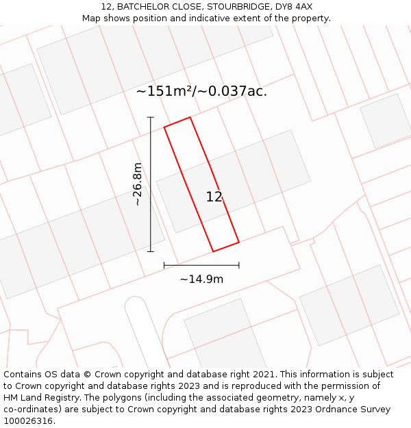 12, BATCHELOR CLOSE, STOURBRIDGE, DY8 4AX: Plot and title map