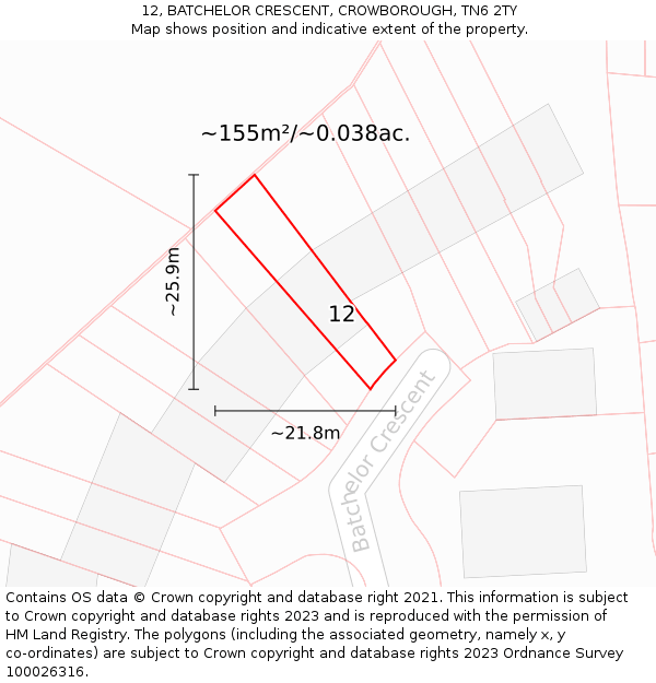 12, BATCHELOR CRESCENT, CROWBOROUGH, TN6 2TY: Plot and title map