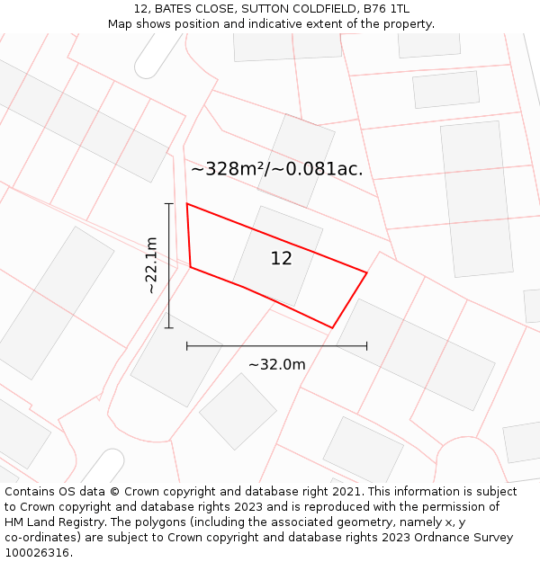 12, BATES CLOSE, SUTTON COLDFIELD, B76 1TL: Plot and title map