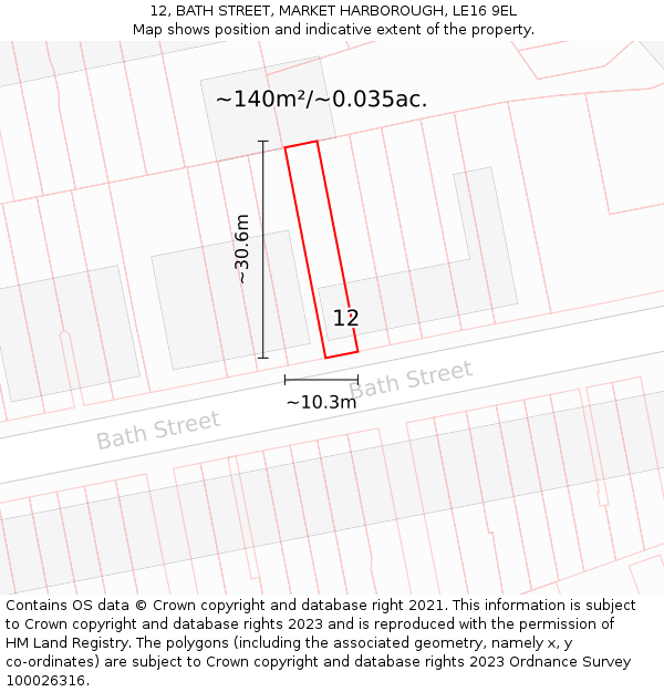 12, BATH STREET, MARKET HARBOROUGH, LE16 9EL: Plot and title map