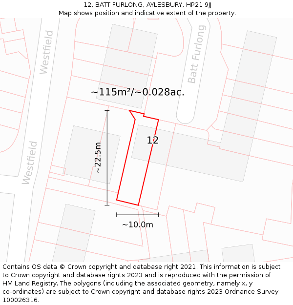 12, BATT FURLONG, AYLESBURY, HP21 9JJ: Plot and title map