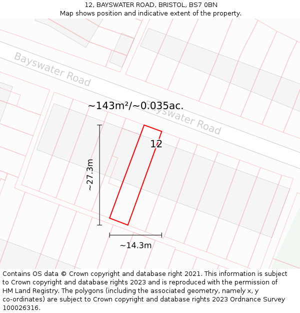 12, BAYSWATER ROAD, BRISTOL, BS7 0BN: Plot and title map
