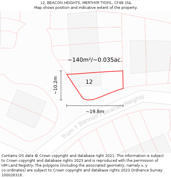 12, BEACON HEIGHTS, MERTHYR TYDFIL, CF48 1NL: Plot and title map