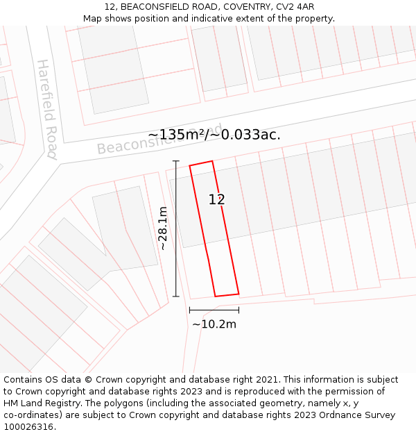 12, BEACONSFIELD ROAD, COVENTRY, CV2 4AR: Plot and title map