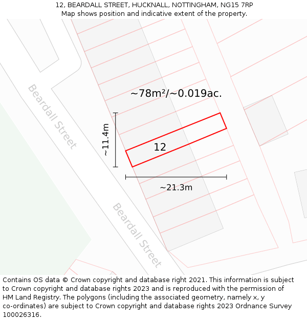 12, BEARDALL STREET, HUCKNALL, NOTTINGHAM, NG15 7RP: Plot and title map