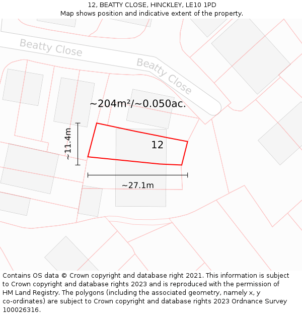 12, BEATTY CLOSE, HINCKLEY, LE10 1PD: Plot and title map