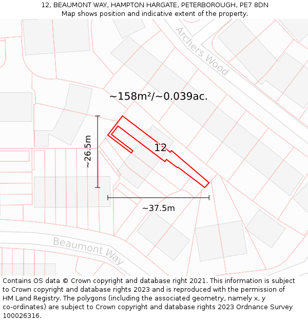 12, BEAUMONT WAY, HAMPTON HARGATE, PETERBOROUGH, PE7 8DN: Plot and title map