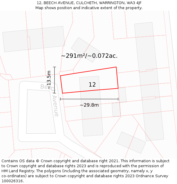 12, BEECH AVENUE, CULCHETH, WARRINGTON, WA3 4JF: Plot and title map