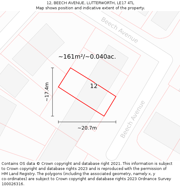 12, BEECH AVENUE, LUTTERWORTH, LE17 4TL: Plot and title map