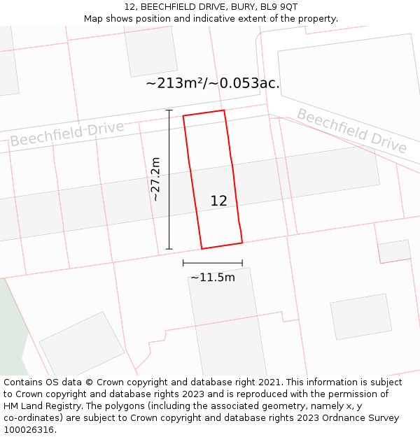 12, BEECHFIELD DRIVE, BURY, BL9 9QT: Plot and title map