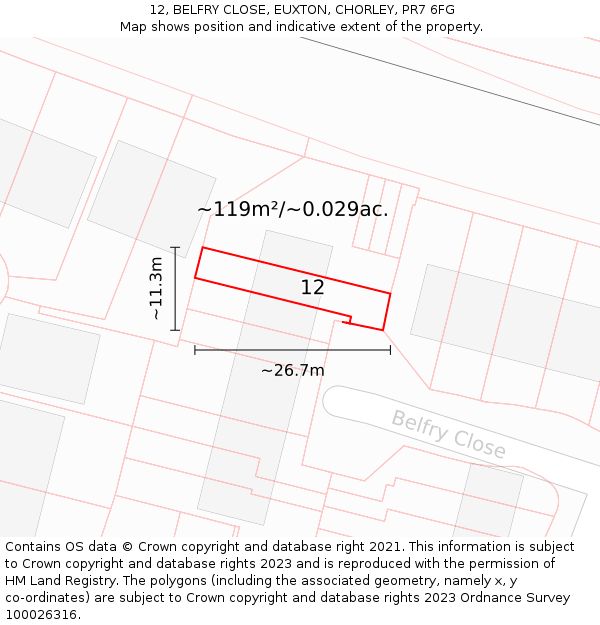 12, BELFRY CLOSE, EUXTON, CHORLEY, PR7 6FG: Plot and title map