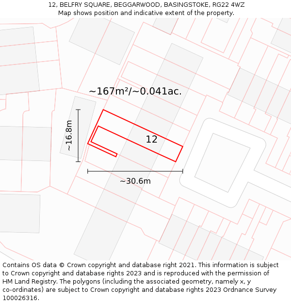 12, BELFRY SQUARE, BEGGARWOOD, BASINGSTOKE, RG22 4WZ: Plot and title map
