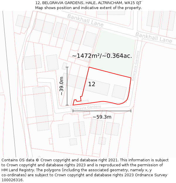 12, BELGRAVIA GARDENS, HALE, ALTRINCHAM, WA15 0JT: Plot and title map