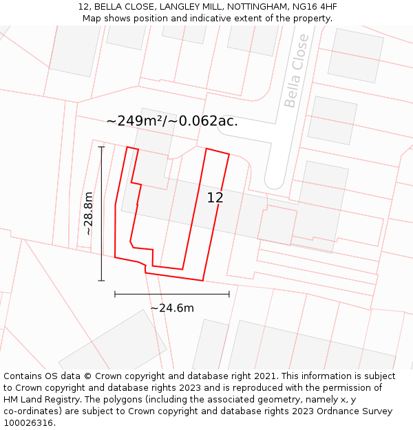 12, BELLA CLOSE, LANGLEY MILL, NOTTINGHAM, NG16 4HF: Plot and title map