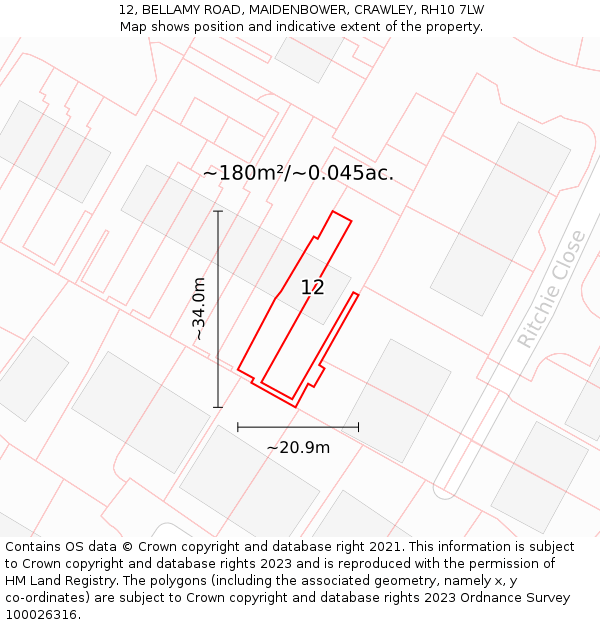 12, BELLAMY ROAD, MAIDENBOWER, CRAWLEY, RH10 7LW: Plot and title map