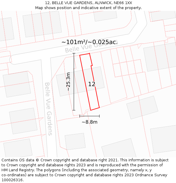 12, BELLE VUE GARDENS, ALNWICK, NE66 1XX: Plot and title map