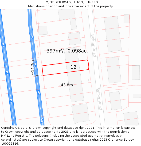 12, BELPER ROAD, LUTON, LU4 8RG: Plot and title map