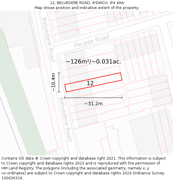 12, BELVEDERE ROAD, IPSWICH, IP4 4AA: Plot and title map