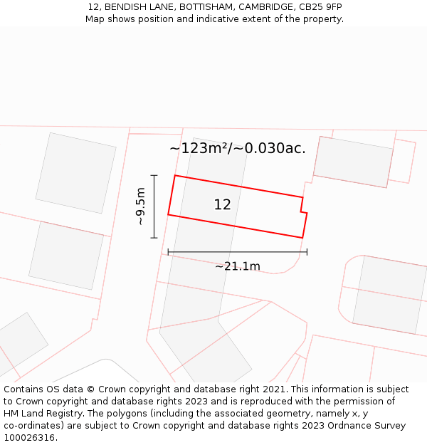 12, BENDISH LANE, BOTTISHAM, CAMBRIDGE, CB25 9FP: Plot and title map
