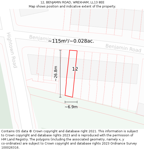 12, BENJAMIN ROAD, WREXHAM, LL13 8EE: Plot and title map