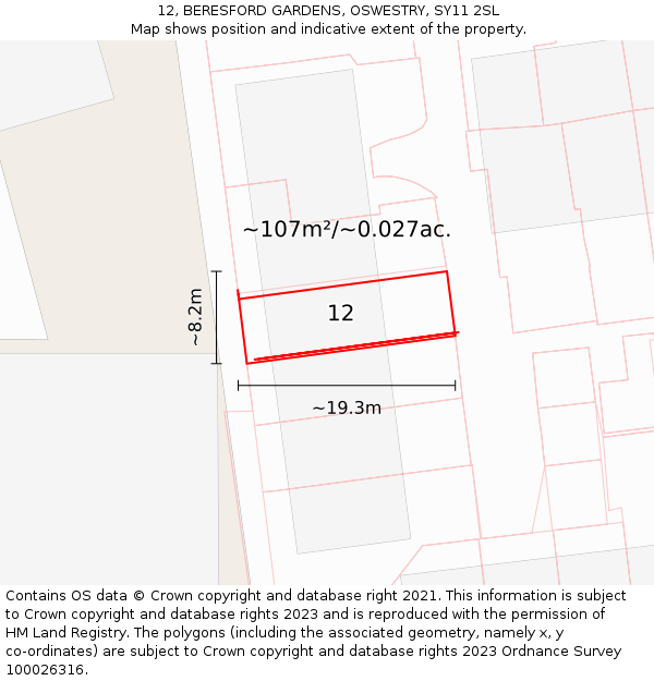 12, BERESFORD GARDENS, OSWESTRY, SY11 2SL: Plot and title map