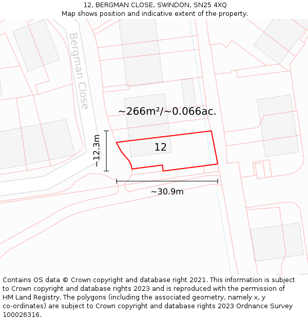 12, BERGMAN CLOSE, SWINDON, SN25 4XQ: Plot and title map