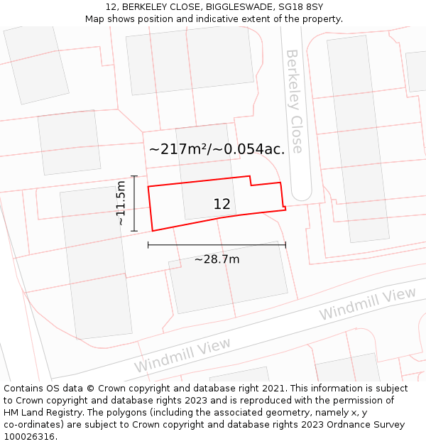 12, BERKELEY CLOSE, BIGGLESWADE, SG18 8SY: Plot and title map