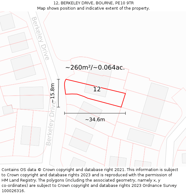 12, BERKELEY DRIVE, BOURNE, PE10 9TR: Plot and title map
