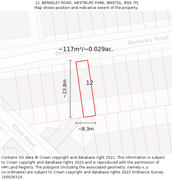 12, BERKELEY ROAD, WESTBURY PARK, BRISTOL, BS6 7PJ: Plot and title map
