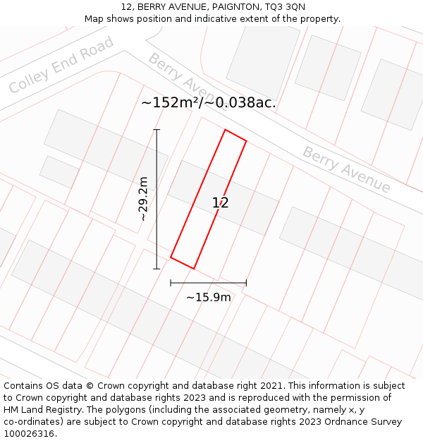 12, BERRY AVENUE, PAIGNTON, TQ3 3QN: Plot and title map