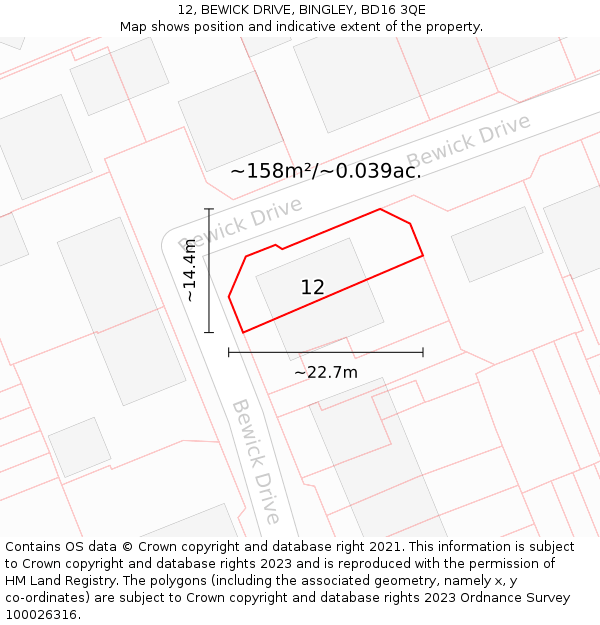 12, BEWICK DRIVE, BINGLEY, BD16 3QE: Plot and title map