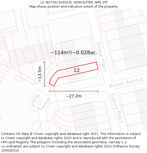 12, BICTON AVENUE, WORCESTER, WR5 3TF: Plot and title map