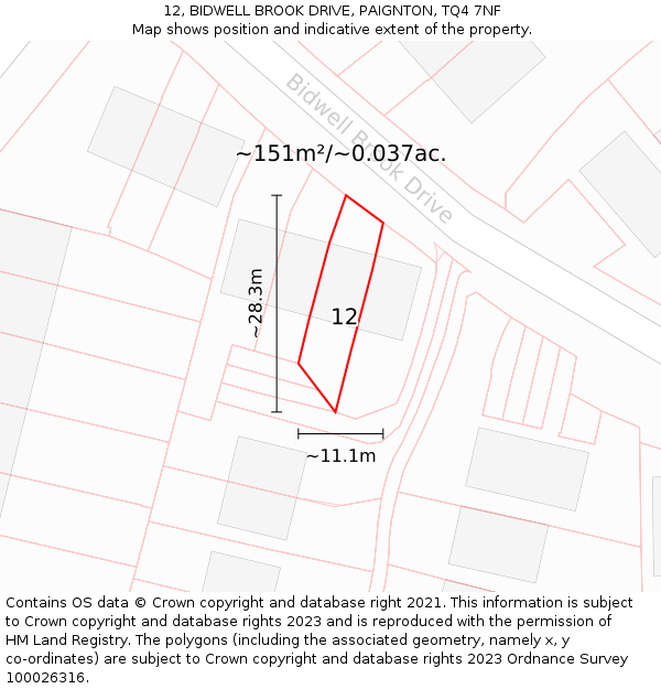 12, BIDWELL BROOK DRIVE, PAIGNTON, TQ4 7NF: Plot and title map