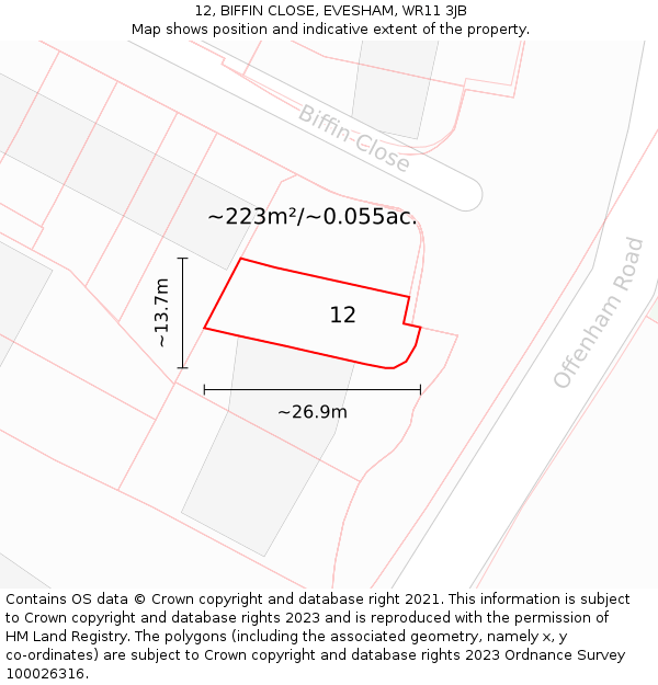 12, BIFFIN CLOSE, EVESHAM, WR11 3JB: Plot and title map