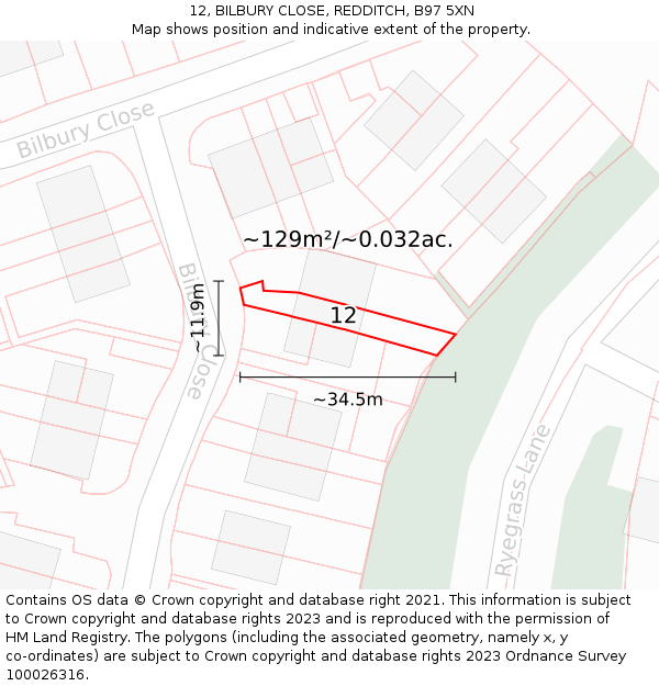 12, BILBURY CLOSE, REDDITCH, B97 5XN: Plot and title map