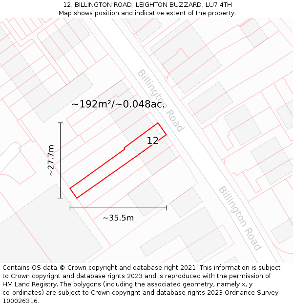 12, BILLINGTON ROAD, LEIGHTON BUZZARD, LU7 4TH: Plot and title map