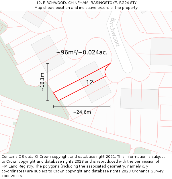 12, BIRCHWOOD, CHINEHAM, BASINGSTOKE, RG24 8TY: Plot and title map
