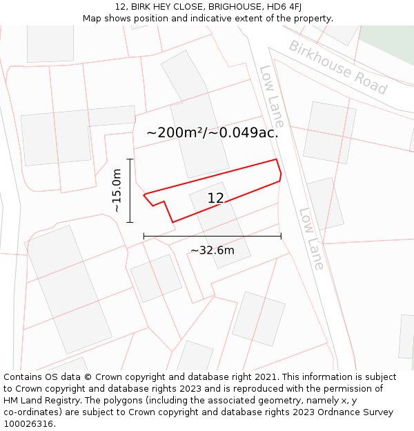 12, BIRK HEY CLOSE, BRIGHOUSE, HD6 4FJ: Plot and title map