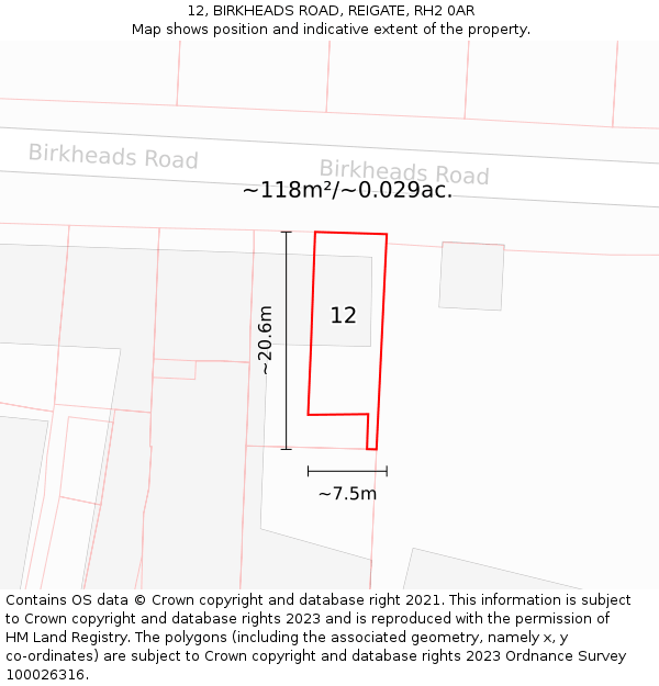 12, BIRKHEADS ROAD, REIGATE, RH2 0AR: Plot and title map