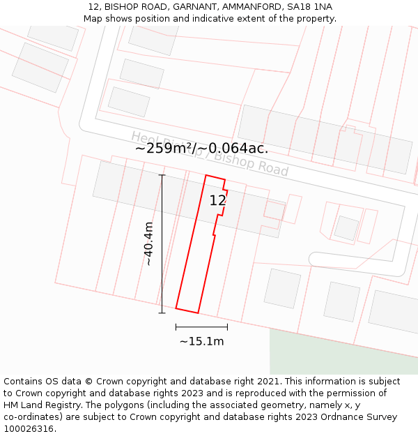 12, BISHOP ROAD, GARNANT, AMMANFORD, SA18 1NA: Plot and title map