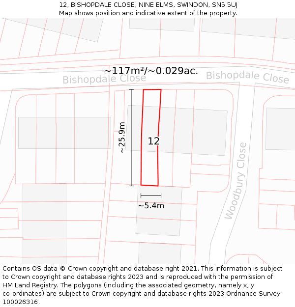 12, BISHOPDALE CLOSE, NINE ELMS, SWINDON, SN5 5UJ: Plot and title map