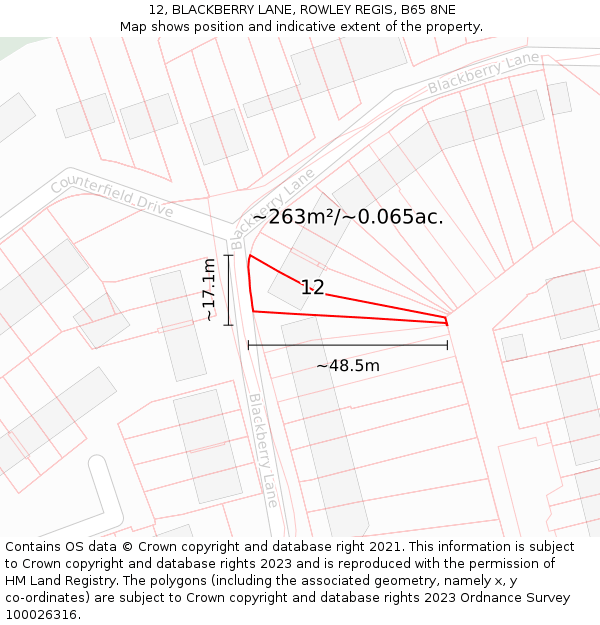 12, BLACKBERRY LANE, ROWLEY REGIS, B65 8NE: Plot and title map