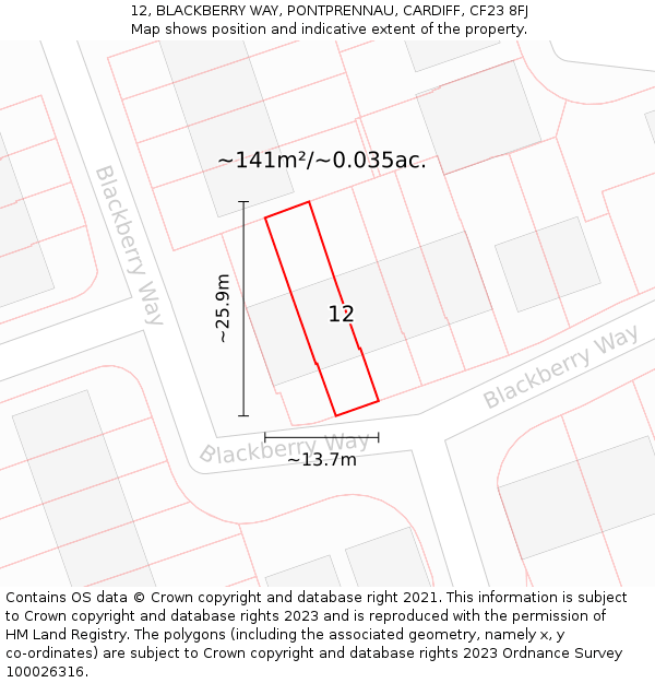 12, BLACKBERRY WAY, PONTPRENNAU, CARDIFF, CF23 8FJ: Plot and title map
