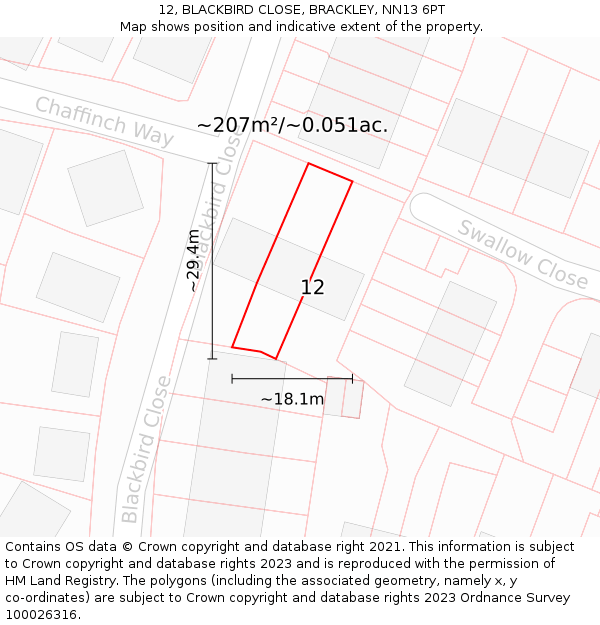 12, BLACKBIRD CLOSE, BRACKLEY, NN13 6PT: Plot and title map