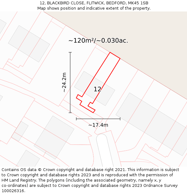 12, BLACKBIRD CLOSE, FLITWICK, BEDFORD, MK45 1SB: Plot and title map